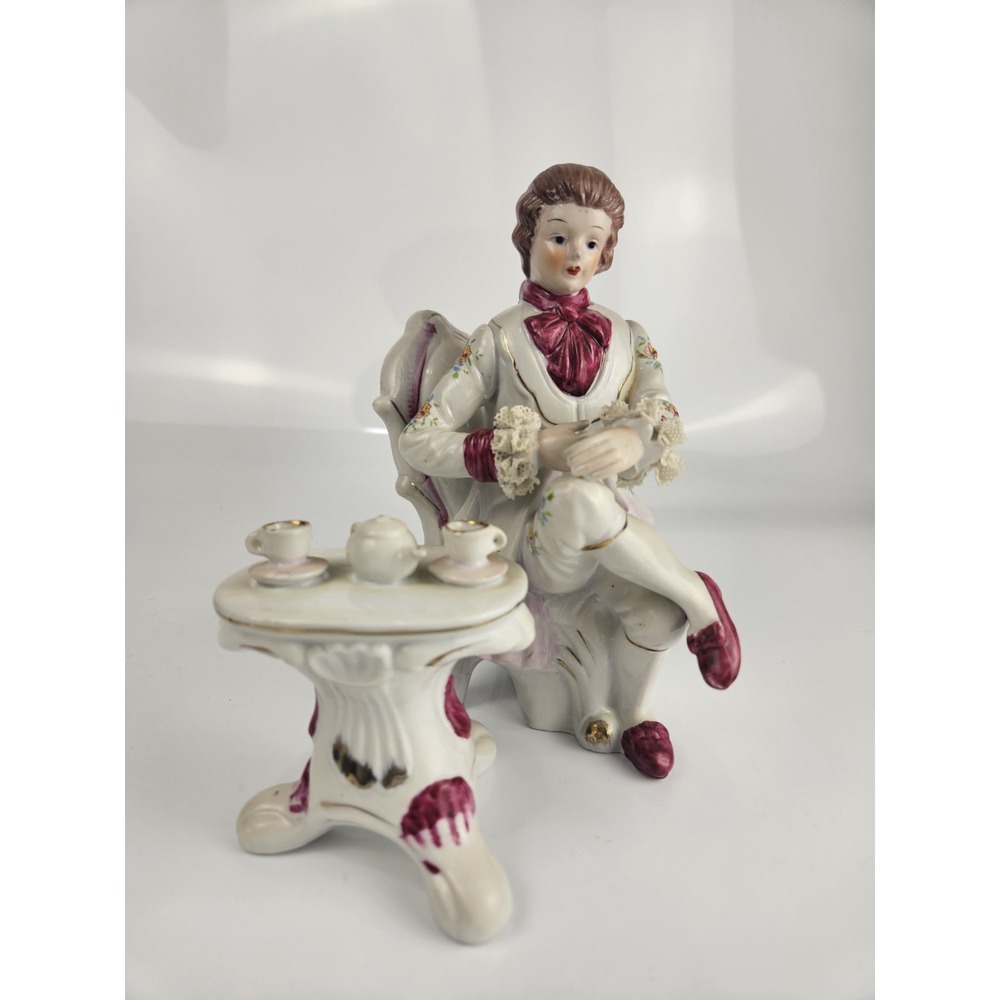 Vintage Victorian Gentleman In Chair w/ Set Tea Table‎ Dresden Style Lace Cuffs